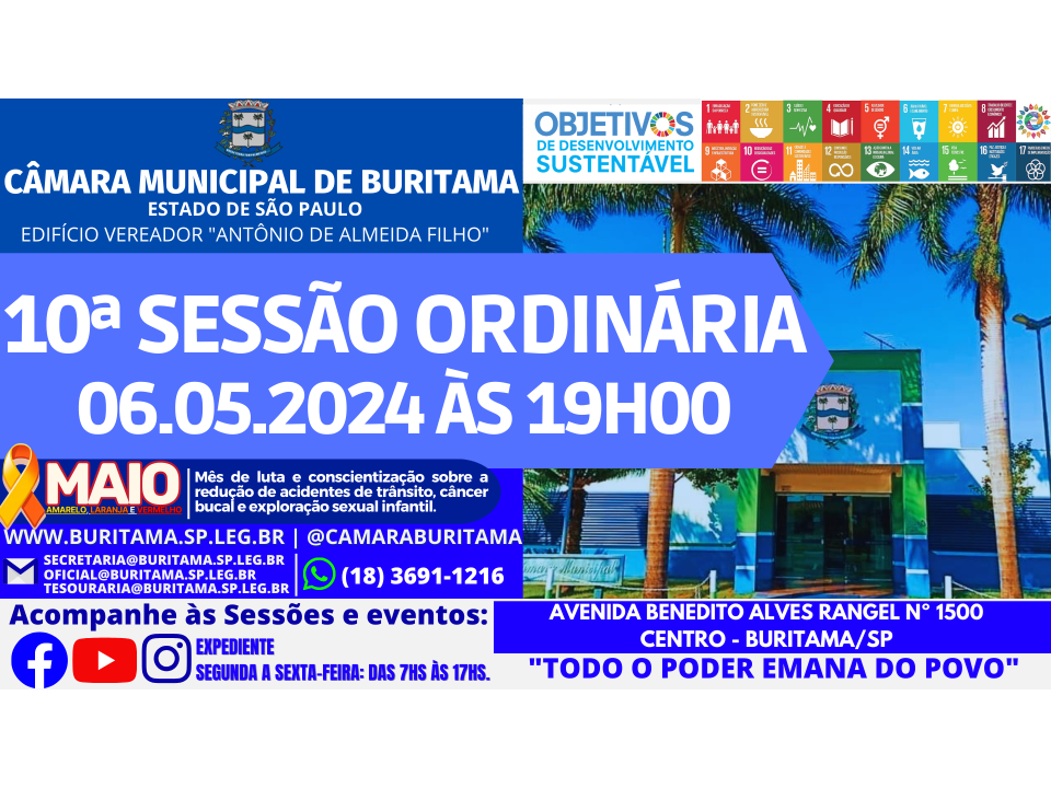 10ª SESSÃO ORDINÁRIA - 06.05.2024 - ÀS 19H00.