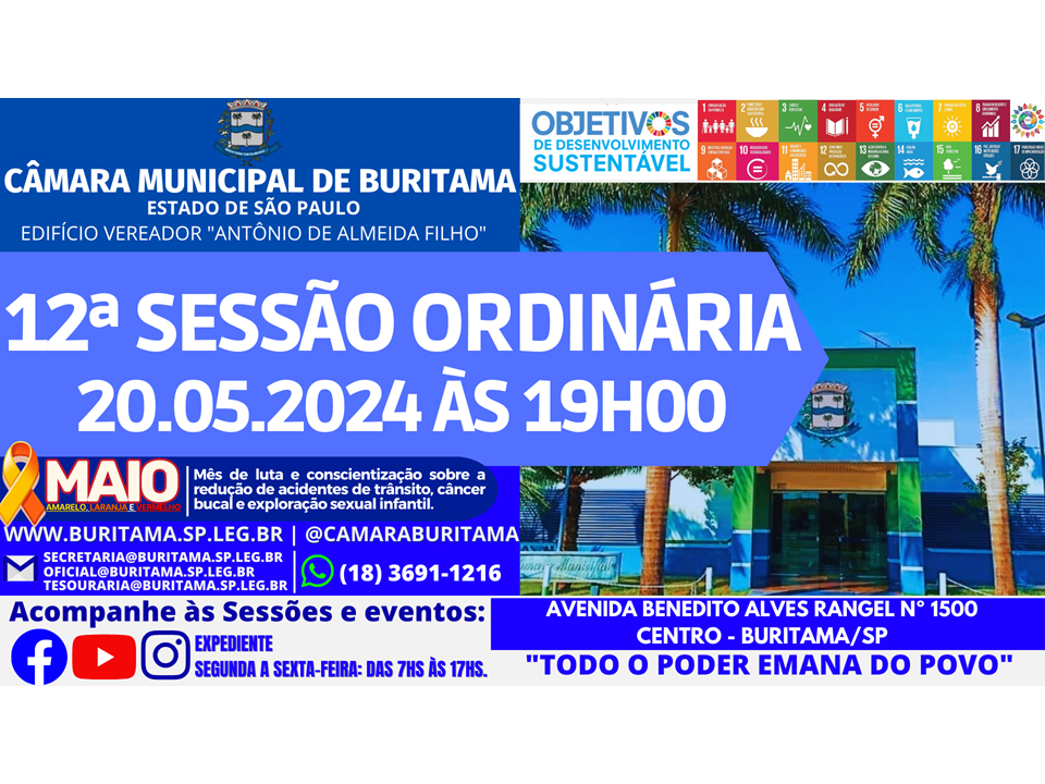 12ª SESSÃO ORDINÁRIA - 20.05.2024 ÀS 19H00.