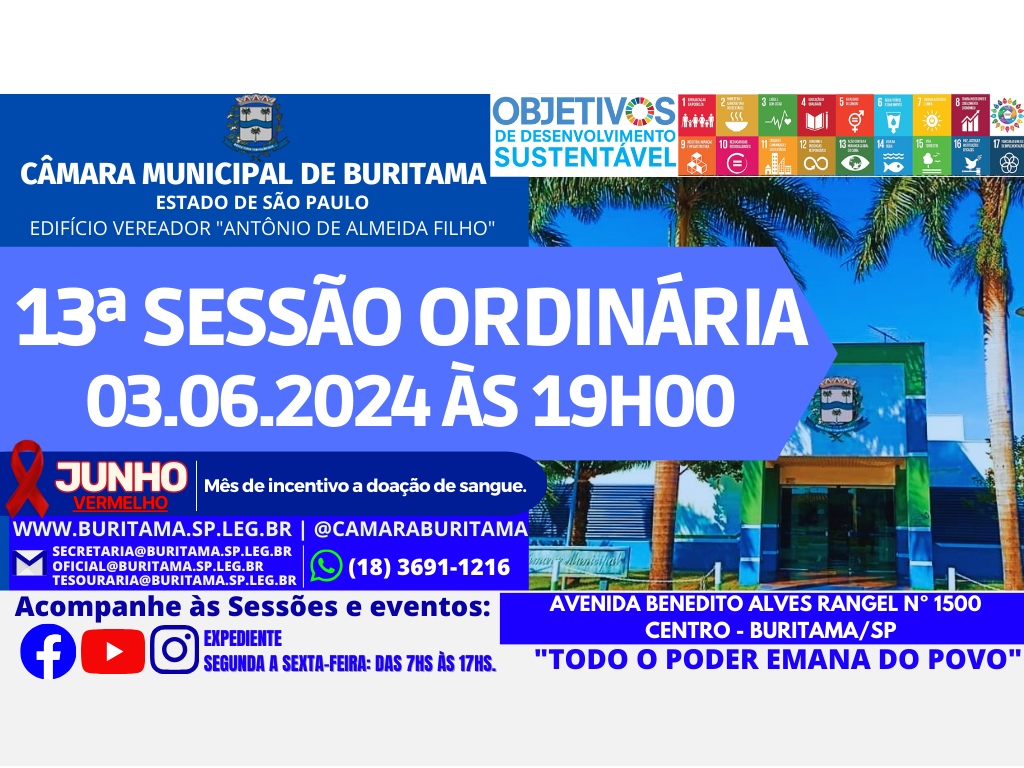 13ª SESSÃO ORDINÁRIA - 03.06.2024 ÀS 19H00.