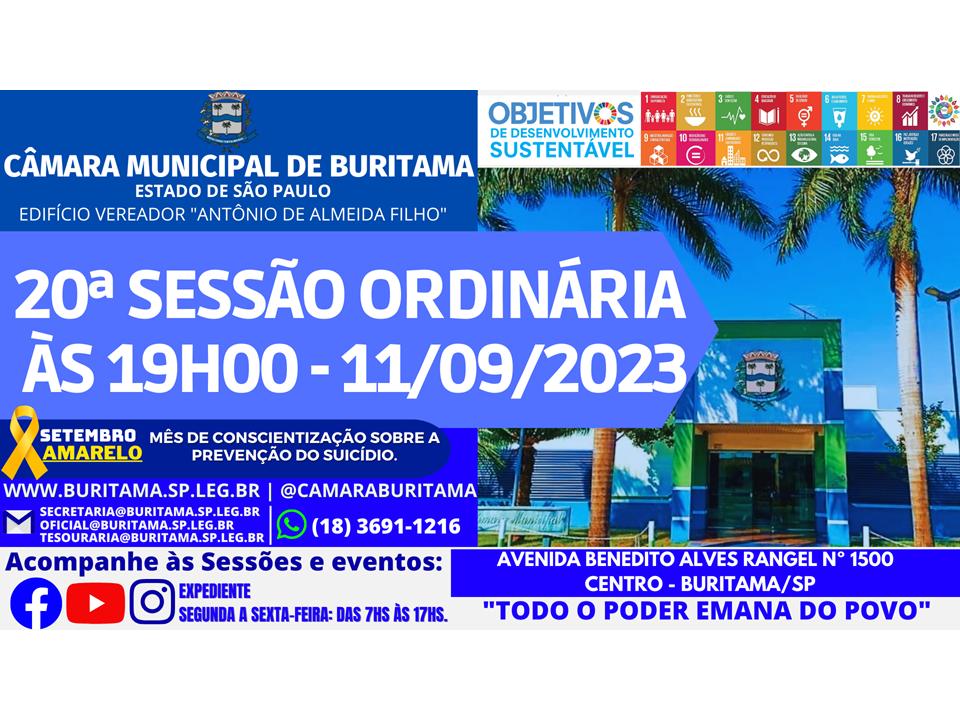 20ª SESSÃO ORDINÁRIA - 11.09.2023 ÀS 19H00.