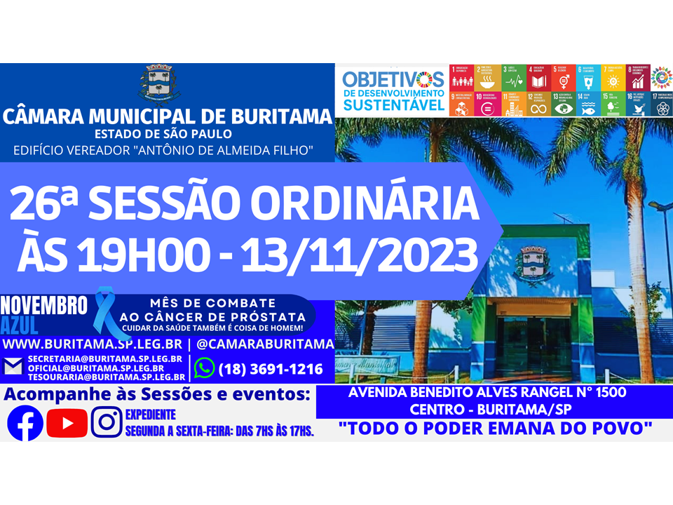 26ª SESSÃO ORDINÁRIA 13.11.2023 ÀS 19H00.