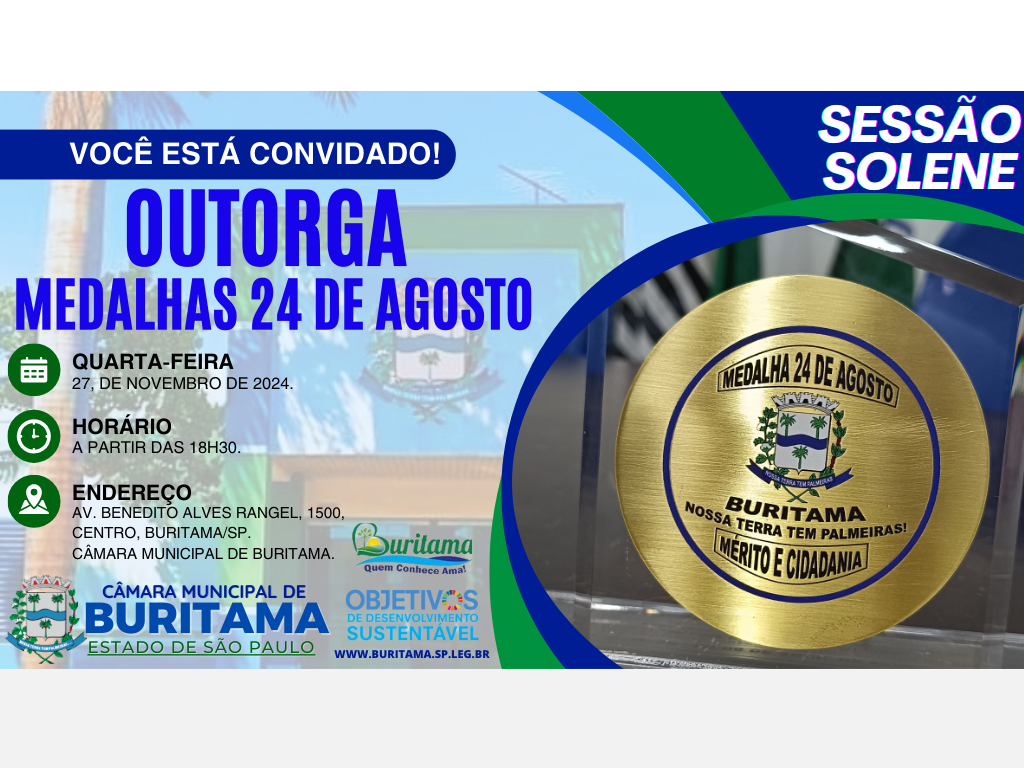 Câmara Municipal de Buritama realiza Sessão Solene para outorga de Medalhas 24 de Agosto.