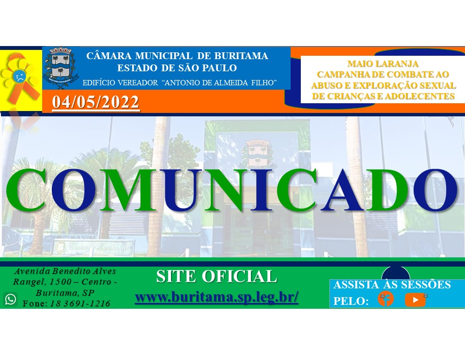 COMUNICADO - Disposição para toda a comunidade, para conhecimento e participação, obedecidos os termos da lei, o seguinte Projeto de Lei de autoria do Poder Executivo Municipal: PROJETO DE LEI Nº 34/22.